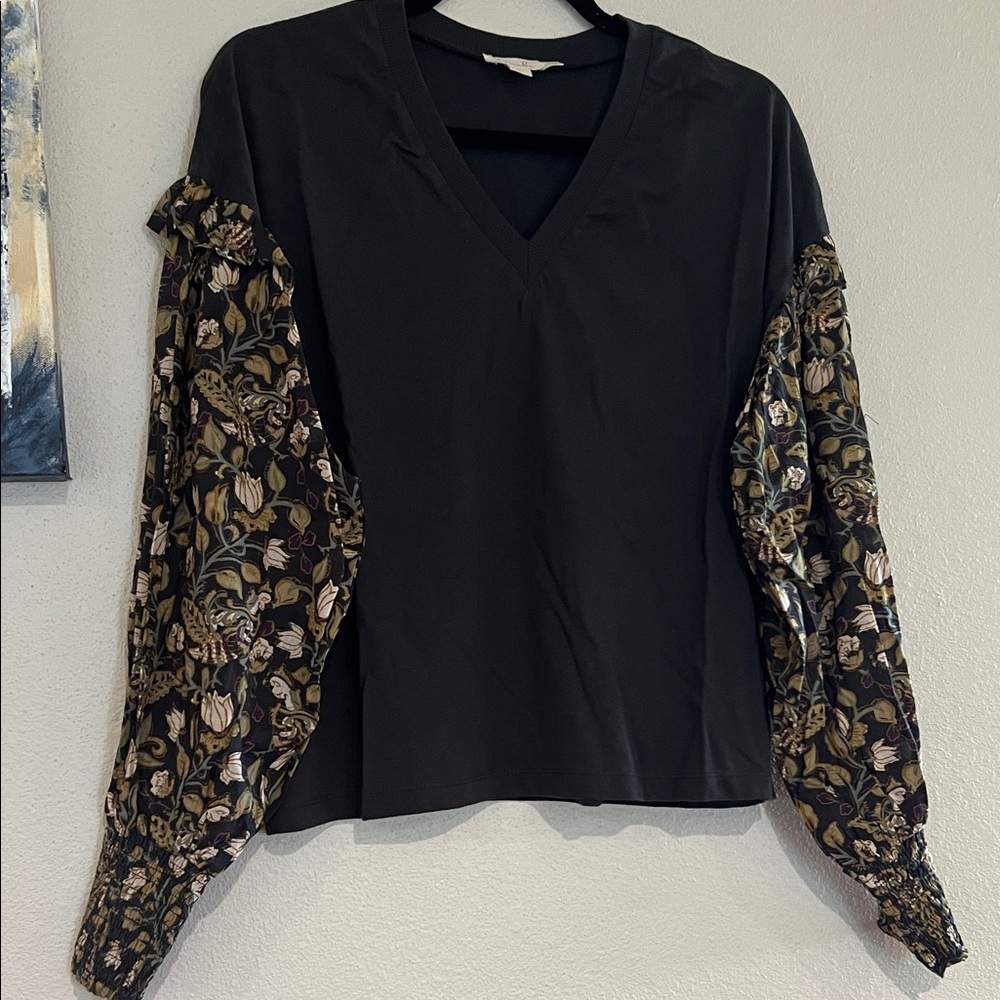 Anthropologie Floral Sleeve Black Top